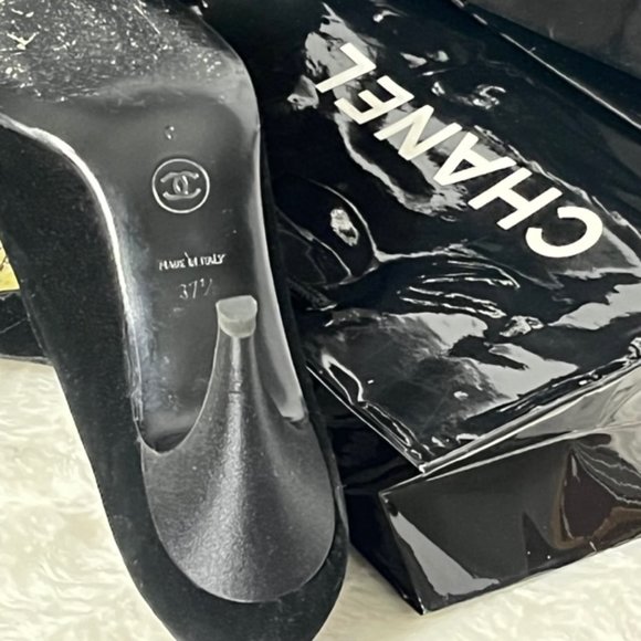 Vintage CHANEL Black Velvet Pumps With Satin Trim And Removable Bow Size EU 37.5 - Picture 14 of 15